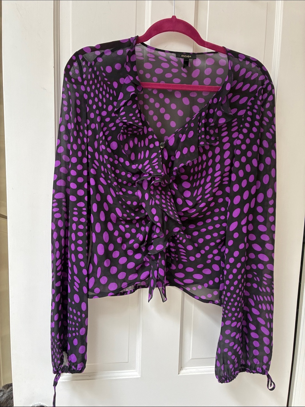 Escada Black and Purple Polka-Dot Ruffle Front Blouse
